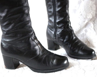 70s hippie leather boots EU/DE size. 38 lined boho true vintage narrow shaft heel boots black