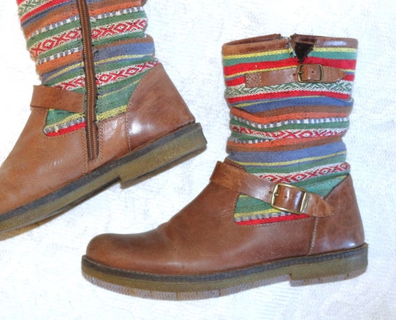 Laarzen leer geweven stof EU/DE maat 36 37 boho enkellaarzen hippie  etnische kleurrijke bruine laarsjes - Etsy Nederland