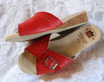 Pantolette 70er Leder Kork EU/DE Gr. 41,5 42 Wörishofer Slipper Hausschuhe true vintage boho