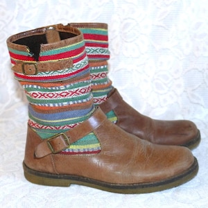 Laarzen van leer en geweven stof, EU/DE maat 36/37, boho enkellaarsjes, hippie/etnische stijl, kleurrijk, bruin.