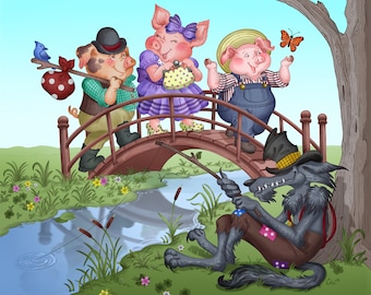 Drei kleine Schweinchen, Kinderzimmer, Klassenzimmer oder Bibliothek, Digitaler Kunstdruck