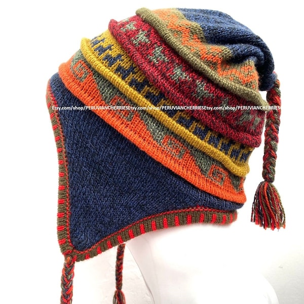 Blue with Orange Unisex Peruvian Alpaca Hat chullo with Earflaps 100% Lining Soft Fleece Lining Beanie hat alpaca chullo hat peru hat alpaca