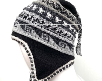 Black Unisex Peruvian Alpaca Hat chullo with Earflaps 100% Lining Soft Fleece Lining Beanie hat alpaca chullo peruvian hat peru hat