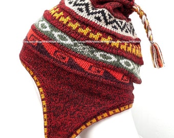 Hash Red Unisex Sombrero de Alpaca Peruana chullo con Orejeras 100
