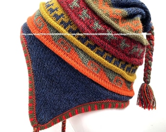 Azul con Naranja Unisex Sombrero de Alpaca Peruana chullo con Orejeras 100% Forro Forro Polar Suave Gorro sombrero alpaca chullo sombrero peru sombrero alpaca