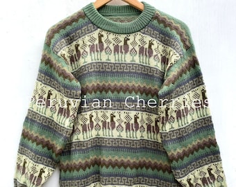 Grüner New Ethno Boho Alpaka Wolle unisex Pullover, Wollpullover, Damenpullover, Herrenpullover, Peruanischer Pullover