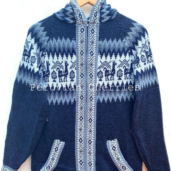 Blue Alpaca sweater, Unisex alpaca sweater cardigan, Alpaca fiber, Peruvian style, Peruvian alpaca wool sweater