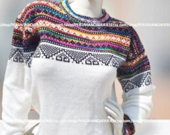 White New ethno boho alpaca wool unisex sweater,wool sweaters, women's sweater, men's sweater, Peruvian sweater