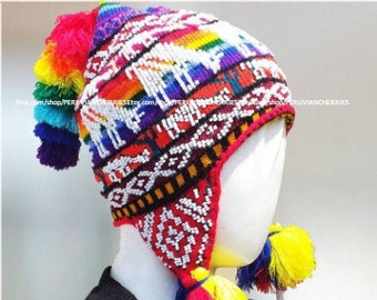 Peruvian Chullo with beads Pom Pom Colorful unisex wool earflaps Q'ero Chullo Hat earflaps hand knitted with Llamas Peru EarFlaps Ethnic hat