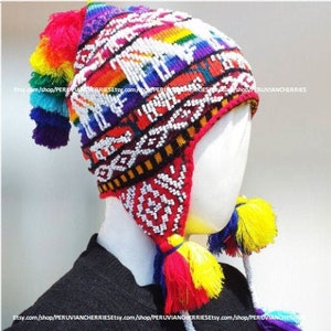 Peruvian Chullo with beads Pom Pom Colorful unisex wool earflaps Q'ero Chullo Hat earflaps hand knitted with Llamas Peru EarFlaps Ethnic hat image 1