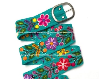 Hand embroidered belt Turquoise floral colorful peruvian embroidered belt floral ethnic belt boho belt wool gifts for her floral belt peru