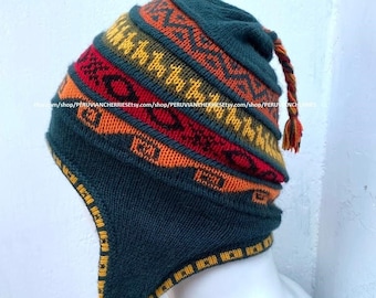 Green Unisex Peruvian Alpaca Hat chullo with Earflaps 100% Lining Soft Fleece Lining Beanie hat alpaca chullo peruvian hat peru hat alpaca