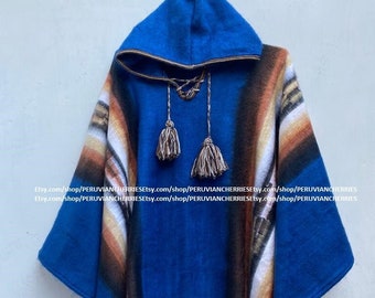 Blue Alpaca Poncho for men and woman,Length 67" Width 57", poncho alpaca wool, peru, poncho winter, shawl ethnic, peruvian ponchos