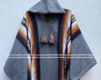 Gray Alpaca Poncho for men and woman,Length 67" Width 57", poncho alpaca wool, peru, poncho winter, shawl ethnic, peruvian ponchos