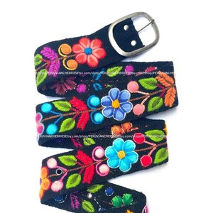 Hand embroidered belt Black floral colorful peruvian embroidered belt floral ethnic belt boho belt wool gifts for her floral belt peru