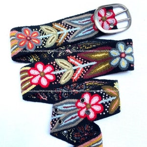 Hand embroidered belt floral black colorful peruvian embroidered belt floral ethnic belt boho belt wool gifts for her floral belt