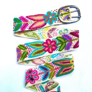 Hand embroidered belt floral white with pink colorful peruvian embroidered belt floral ethnic belt boho belt wool gifts for her floral belt