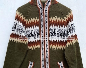 Pull en alpaga à l'huile verte, cardigan unisexe en alpaga, fibre d'alpaga, style péruvien, pull en laine d'alpaga péruvien