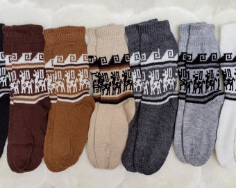 Calcetines Unisex de Alpaca, Luz Cálida Colores Naturales Étnicos Llama Andina Diseños Suave Hilo Largo