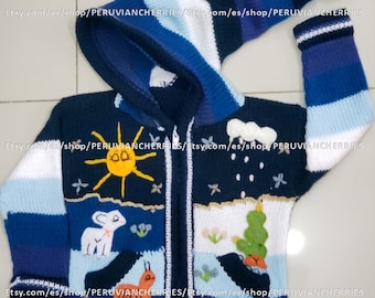 Blue Children hoodie peruvian sweater, Unique Peru Hood Kids Wool Cardigan, Peru hood toddler wool jacket