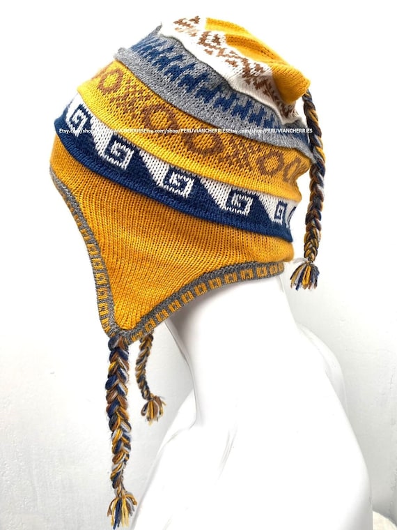blue and yellow chullo hat