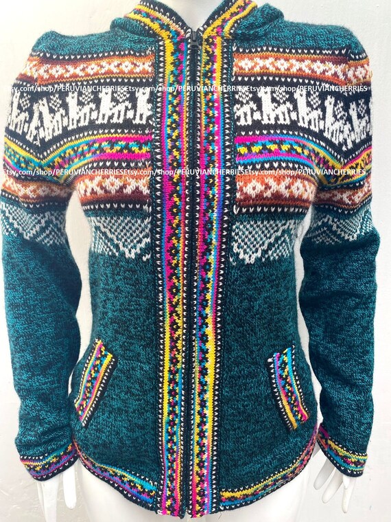 PERUVIANCHERRIES Dark Green Alpaca Sweater, Woman Alpaca Sweater Cardigan, Alpaca Fiber, Peruvian Style, Peruvian Alpaca Wool Sweater