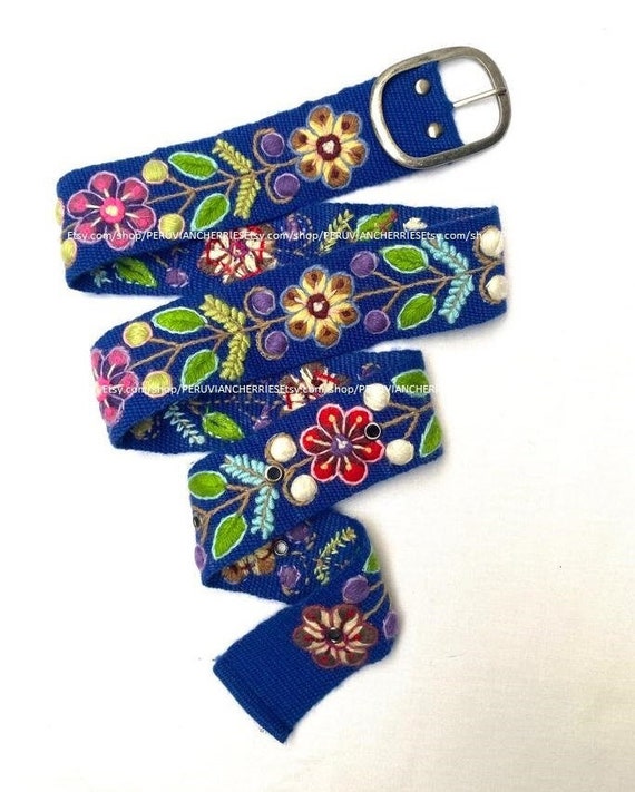Hand embroidered belt Blue floral colorful peruvian embroidered belt floral  ethnic belt boho belt wool gifts for her floral belt peru