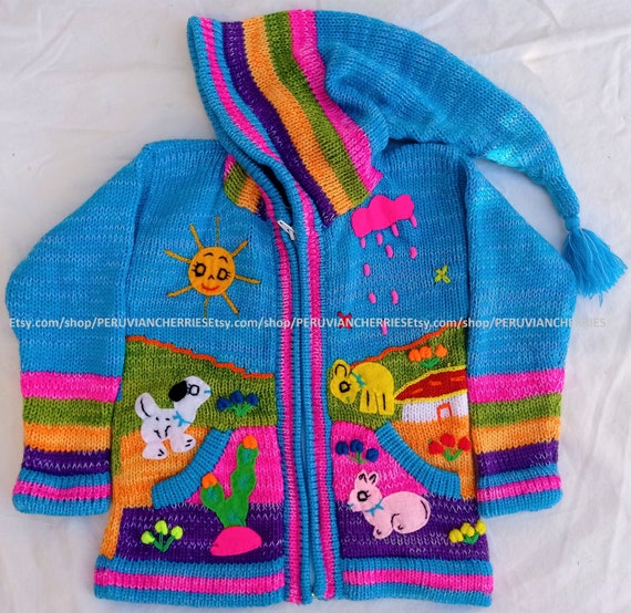 Children hoodie peruvian sweater, Unique Peru Hood Kids Wool Cardigan, Peru  hood toddler wool jacket