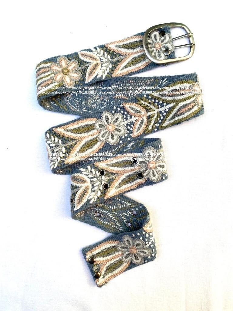 Hand embroidered belt floral Gray colorful peruvian embroidered belt floral ethnic belt boho belt wool gifts for her floral belt