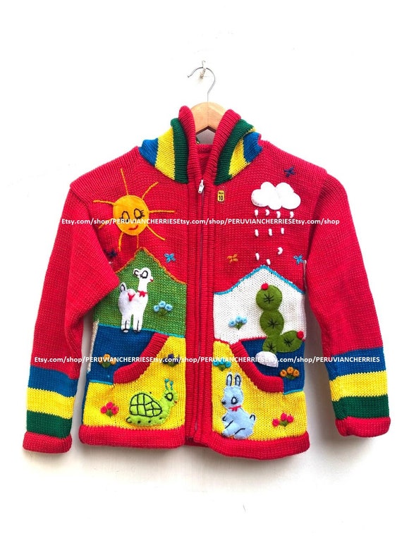 Disponibile solo 1! Maglione rosso in lana peruviana ricamato