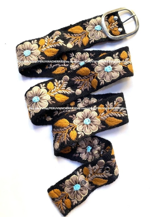 Hand Embroidered Belt Floral Black Colorful Peruvian Embroidered