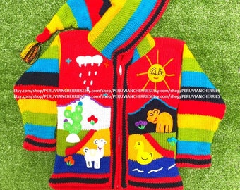 Suéter peruano Red Children, Unique Peru Kids Wool Cardigan, Chaqueta de lana para niños pequeños de Perú