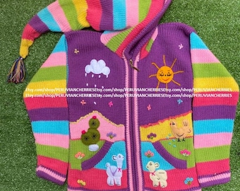 Purple Children peruvian sweater, Unique Peru Kids Wool Cardigan, Peru toddler wool jacket