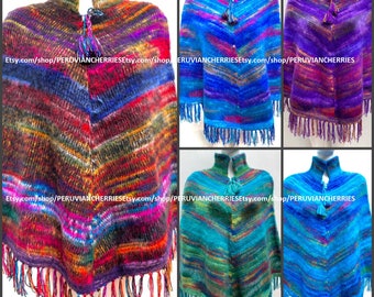 Bunter Alpaka Poncho, Damen Poncho, peruanischer Poncho, Alpaka Poncho, Poncho für Frau, Poncho Frau Fell Alpaka