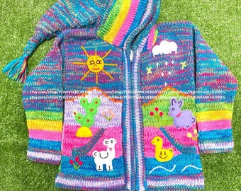 Rainbow Children hoodie peruvian sweater, Unique Peru Hood Kids Wool Cardigan, Peru hood toddler wool jacket