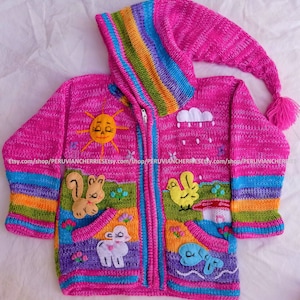 Children hoodie peruvian sweater, Unique Peru Hood Kids Wool Cardigan, Peru hood toddler wool jacket