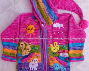 Children hoodie peruvian sweater, Unique Peru Hood Kids Wool Cardigan, Peru hood toddler wool jacket