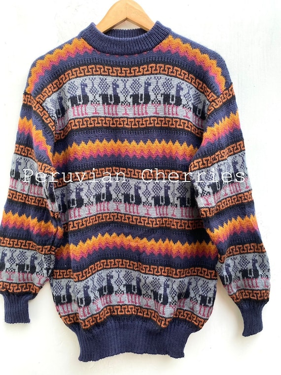 Dark Blue New Ethno Boho Alpaca Wool Unisex Sweater,wool
