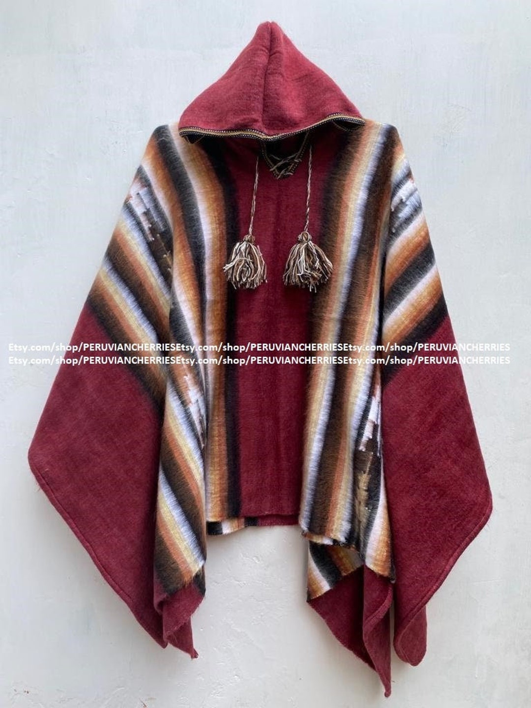 ブルゴーニュ アルパカ ポンチョ 男女兼用、長さ 67 インチ、幅 57
