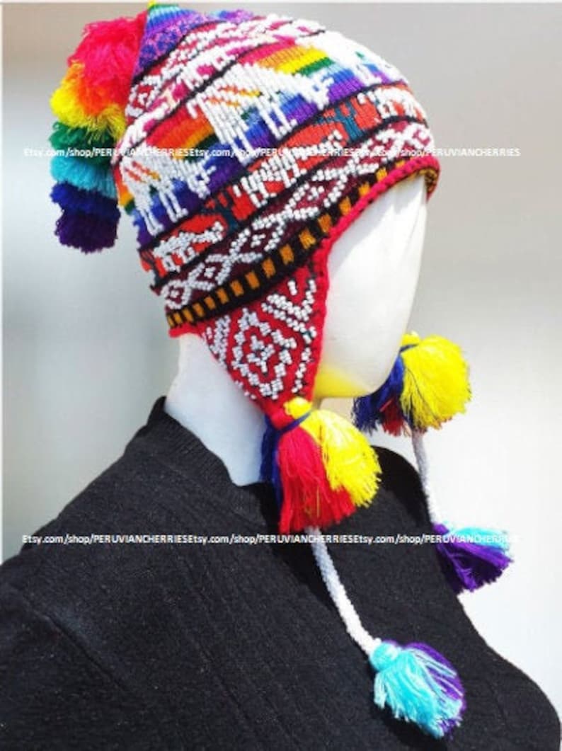 Peruvian Chullo with beads Pom Pom Colorful unisex wool earflaps Q'ero Chullo Hat earflaps hand knitted with Llamas Peru EarFlaps Ethnic hat image 1