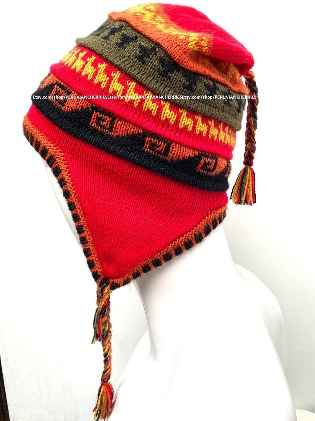 Red Unisex Peruvian Alpaca Hat Chullo With Earflaps 100 Lining Soft