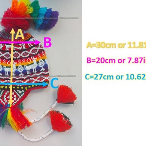 Peruvian Chullo with beads Pom Pom Colorful unisex wool earflaps Q'ero Chullo Hat earflaps hand knitted with Llamas Peru EarFlaps Ethnic hat image 4