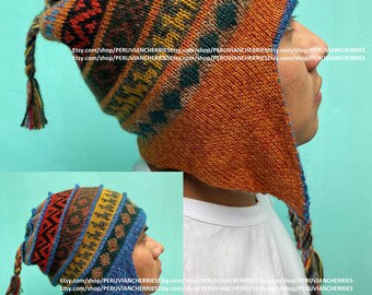 Orange/Blue Double-sided Alpaca Hat 100% baby alpaca luxury, Hat Reversible with Earflaps Fine, Ear flaps hat, Chullo Beanie Earflap