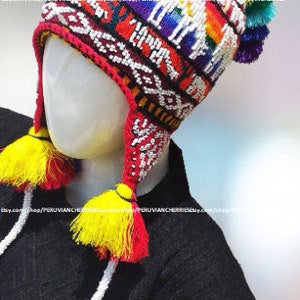Peruvian Chullo with beads Pom Pom Colorful unisex wool earflaps Q'ero Chullo Hat earflaps hand knitted with Llamas Peru EarFlaps Ethnic hat image 2