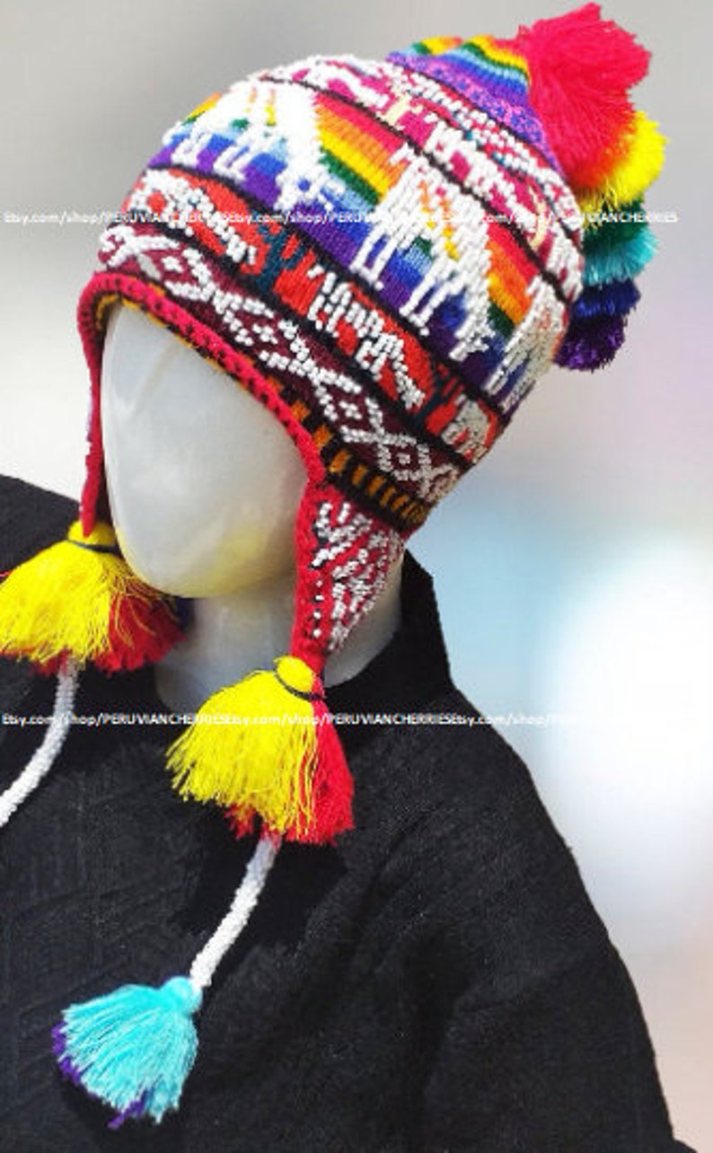 Peruvian Chullo with beads Pom Pom Colorful unisex wool earflaps Q'ero Chullo Hat earflaps hand knitted with Llamas Peru EarFlaps Ethnic hat image 2