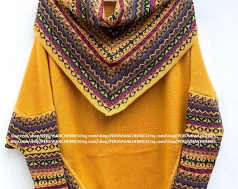 Mustard Superfine Alpaca Wool Knitted Turtleneck Poncho Cape for