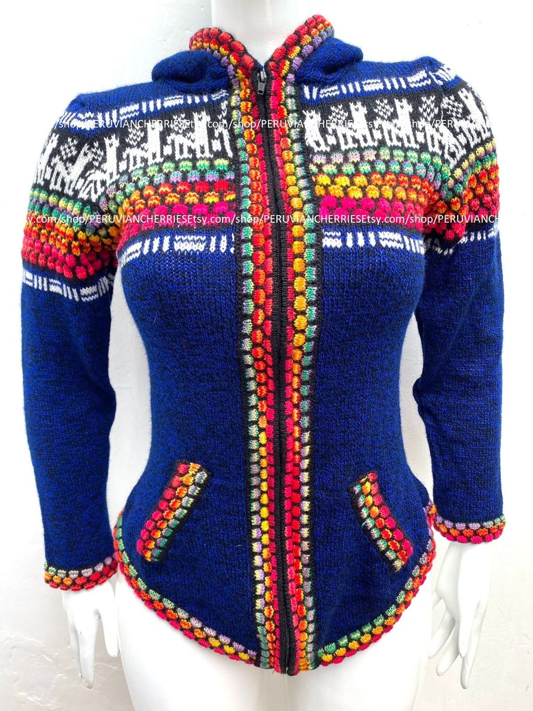 Blue Alpaca Sweater, Woman Alpaca Sweater Cardigan, Peruvian Style