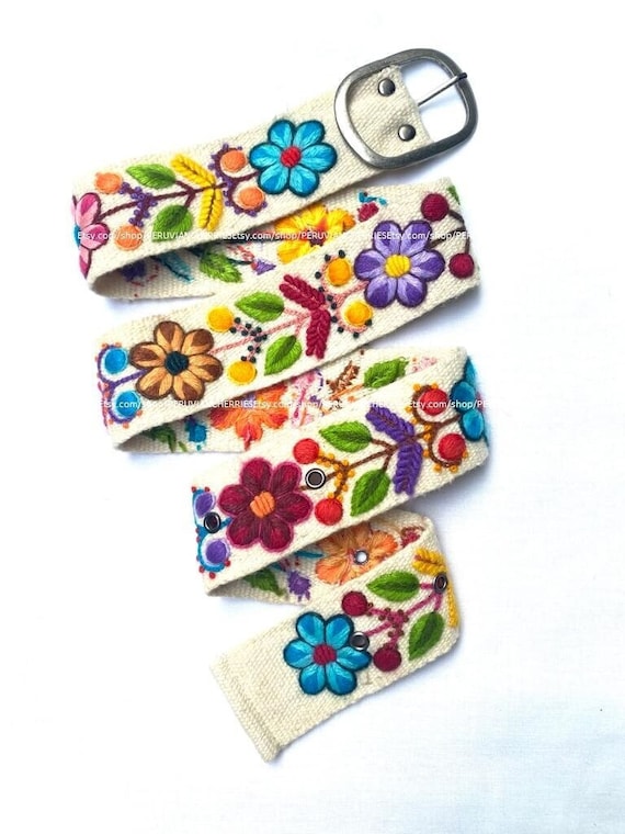 Hand embroidered belt Off White floral colorful peruvian embroidered belt  floral ethnic belt boho belt wool gifts for her floral belt peru