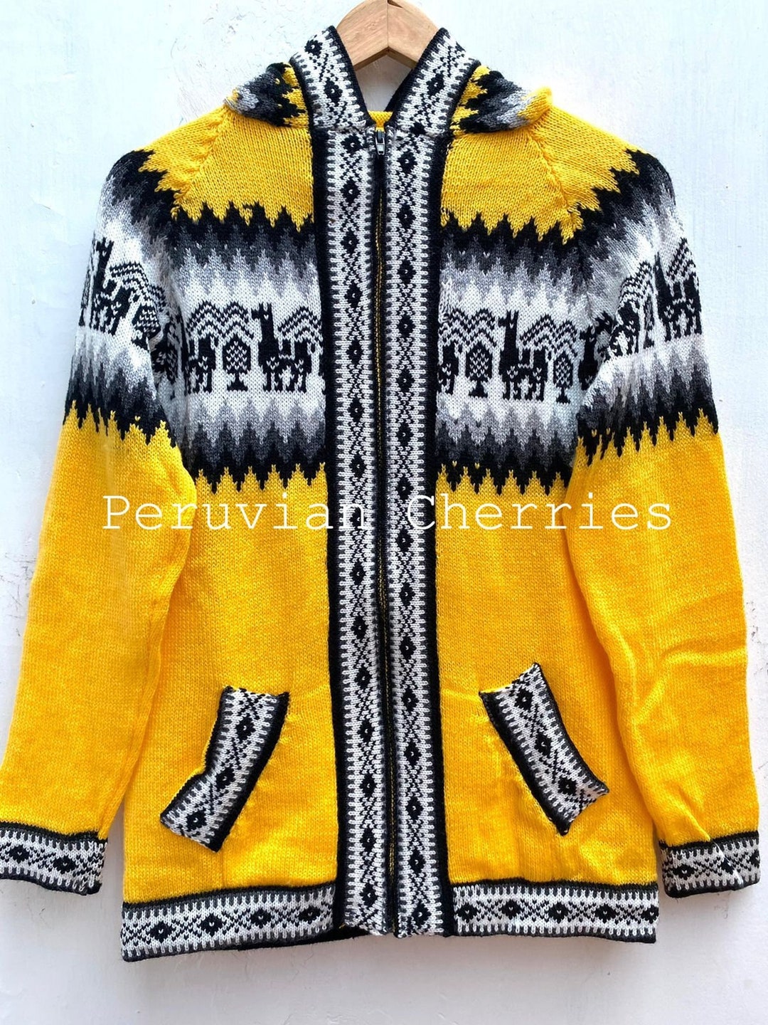 Yellow Alpaca Sweater, Unisex Alpaca Sweater Cardigan, Peruvian Style
