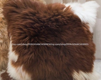 Brown and white Alpaca pillow, Alpaca fur , Baby Alpaca Fur Cushion Covers, pillow cover of one side in differents sizes.